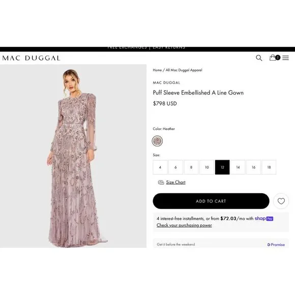 NEW MAC DUGGAL [‎ 12 ] 93930 Puff Sleeve Embellished A Line Gown Heather Purple - Picture 3 of 16